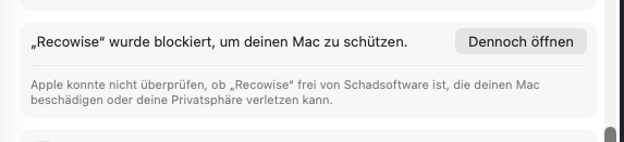 macOS Privacy and Security: Open Anyway button for Recowise