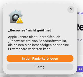macOS security warning: Recowise cannot be opened